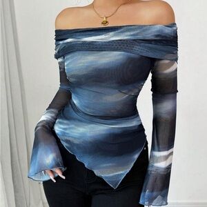 Mesh blue and white off the shoulder long sleeve top #offtheshoulder